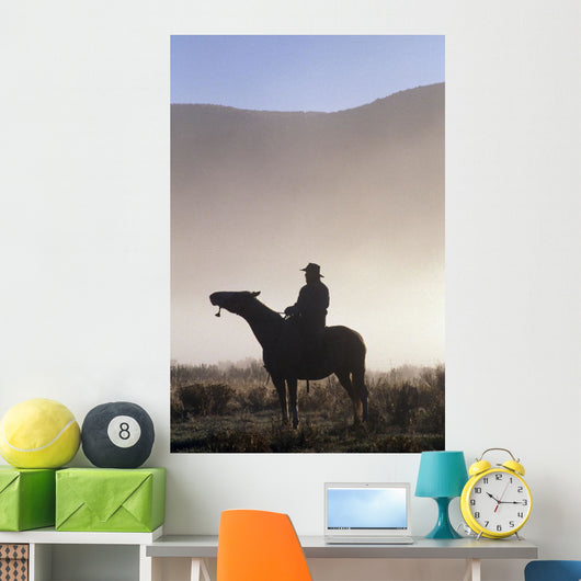 Silhouetted Cowboy On Horseback In Fog Wall Mural