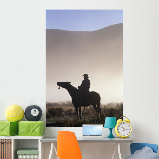 Silhouetted Cowboy On Horseback In Fog Wall Mural