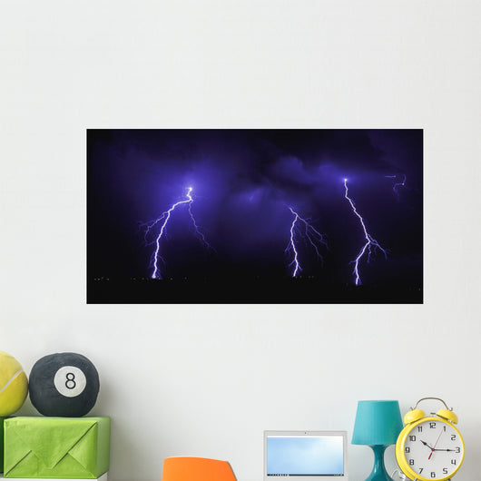Lightning Over City At Night Wall Mural