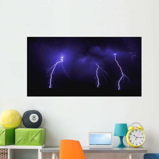 Lightning Over City At Night Wall Mural