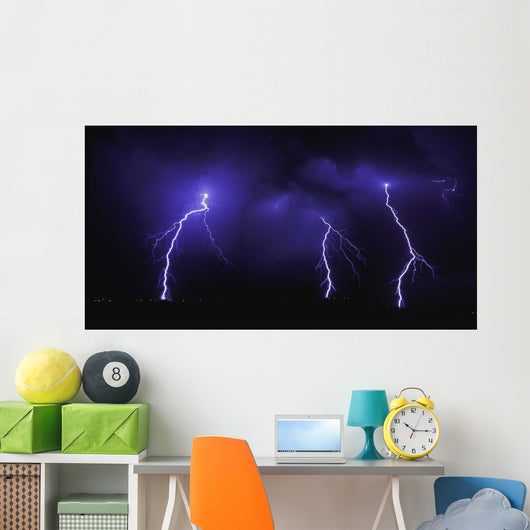 Lightning Over City At Night Wall Mural
