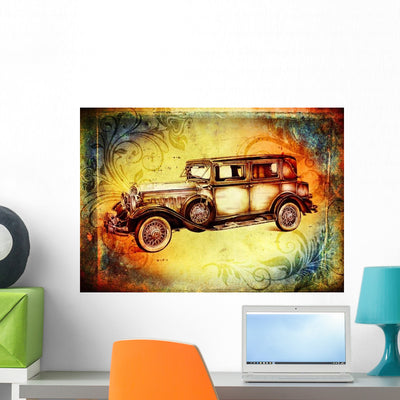 Old Classic Car Retro Wall Decal shown on a wall