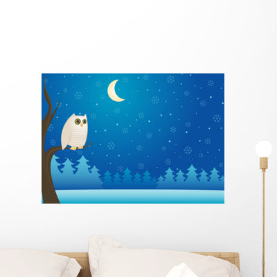 Snowy Winter Owl Wall Mural shown on a wall