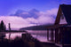 Cabin Boathouse And Foggy Sunrise Over Mountain Lake Wall Mural