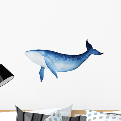 Spirited Blue Whale Watercolor Wall Decal shown on a wall
