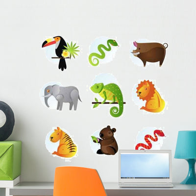 Bright Jungle Animals Set Wall Decal shown on a wall