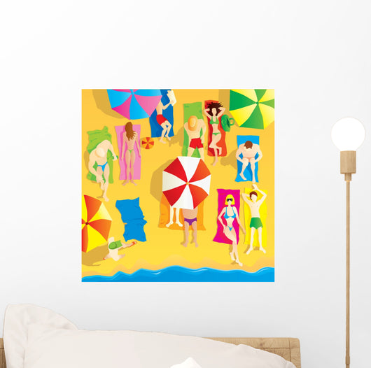 Beach scene, group of people sunbathing. Vector illustration. Wall Mural