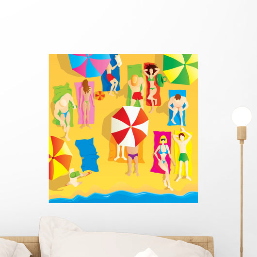 Beach scene, group of people sunbathing. Vector illustration. Wall Mural