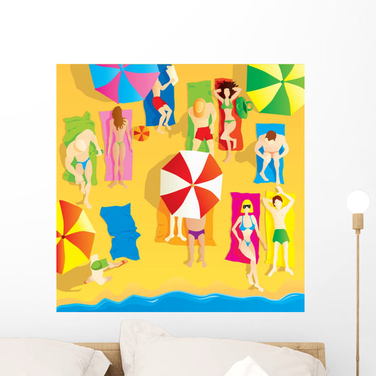 Beach scene, group of people sunbathing. Vector illustration. Wall Mural