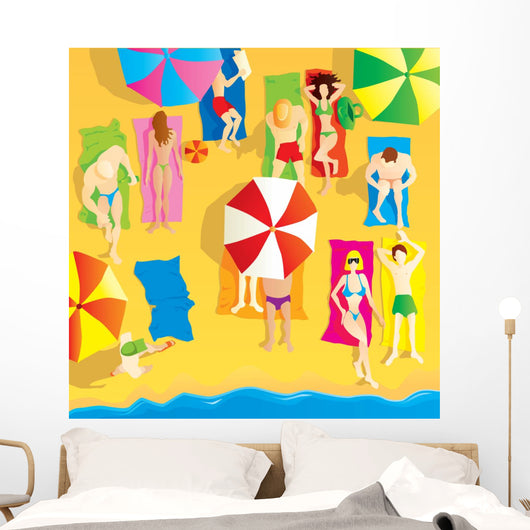 Beach scene, group of people sunbathing. Vector illustration. Wall Mural