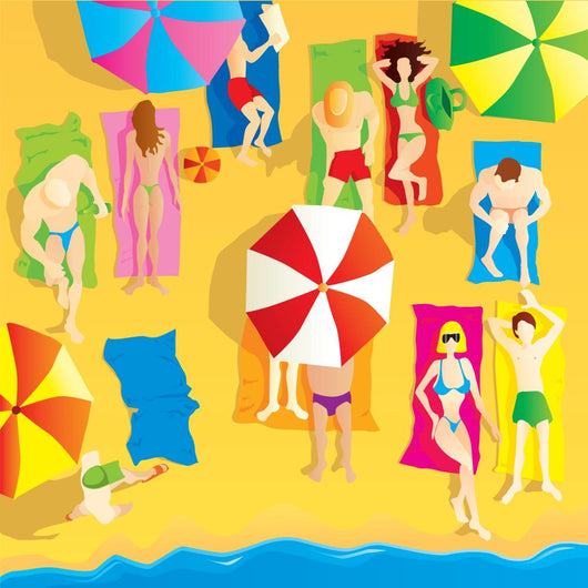 Beach scene, group of people sunbathing. Vector illustration. Wall Mural
