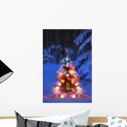 Illuminated Christmas Tree In A Forest Wall Mural