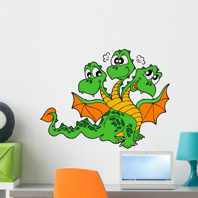 Cute Three Headed Dragon Wall Decal shown on a wall
