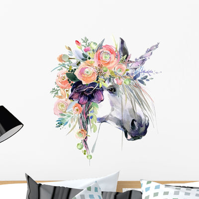 Watercolor Floral Unicorn Head Wall Decal shown on a wall