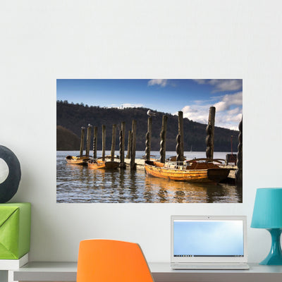 Boats Docked Pier Keswick Wall Mural shown on a wall