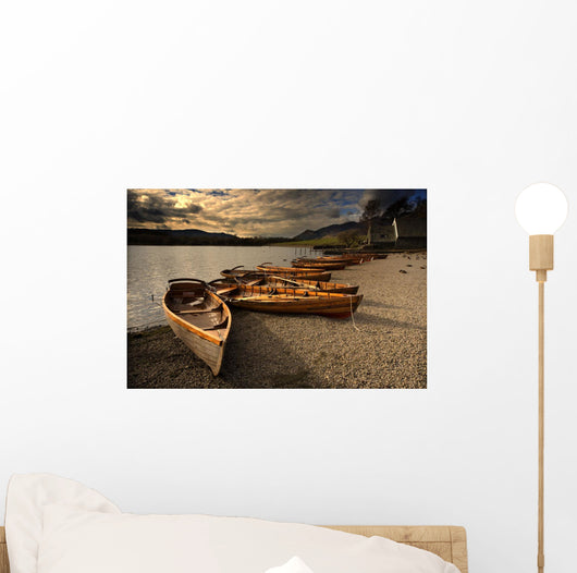 Canoes On The Shore, Keswick, Cumbria, England Wall Mural