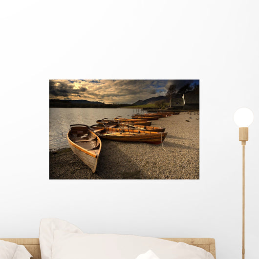 Canoes On The Shore, Keswick, Cumbria, England Wall Mural