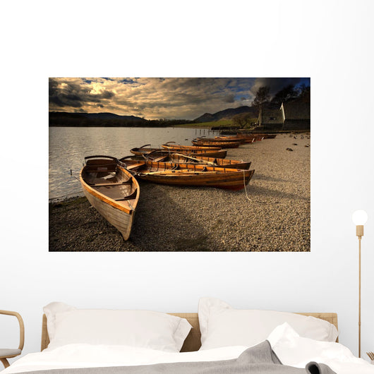 Canoes On The Shore, Keswick, Cumbria, England Wall Mural