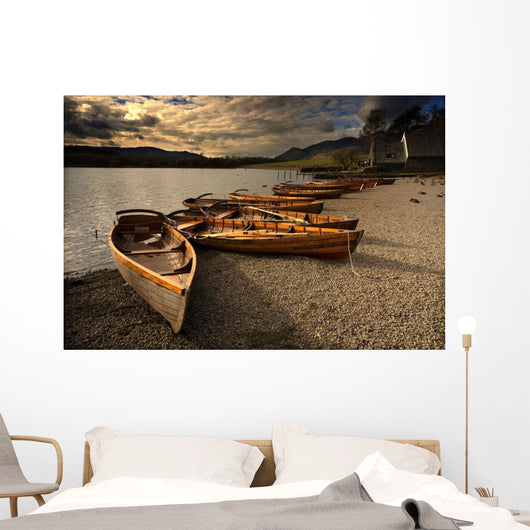 Canoes On The Shore, Keswick, Cumbria, England Wall Mural