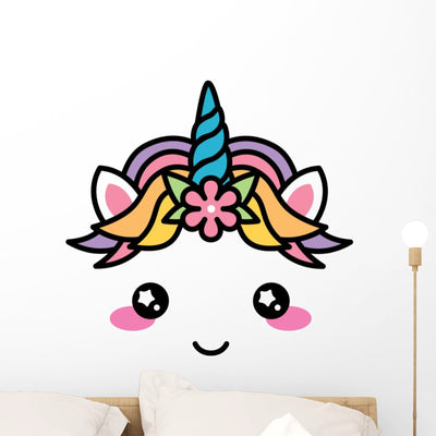Kawaii Face Cute Unicorn Wall Decal shown on a wall