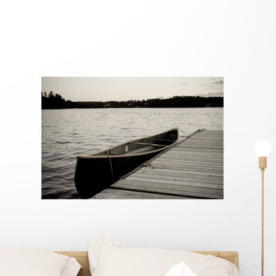 Canoe Dock Lake Woods Wall Mural shown on a wall