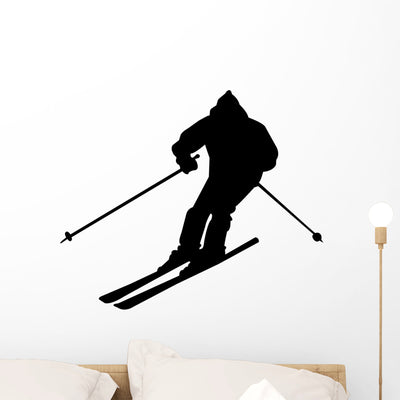 Skiing Silhouette Wall Decal shown on a wall