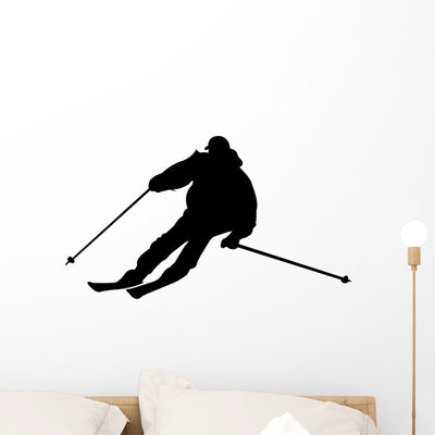 Skiing Silhouette Wall Decal shown on a wall