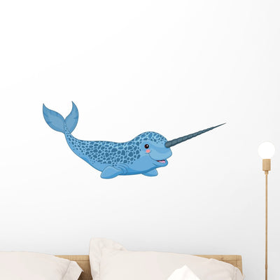 Baby Blue Cartoon Narwhal Wall Decal shown on a wall