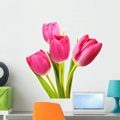 Four Pink Tulip Flowers Wall Decal shown on a wall
