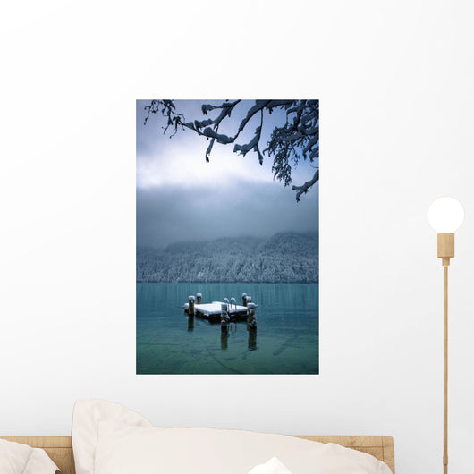 Snowy Dock Floating In Lake Wall Mural