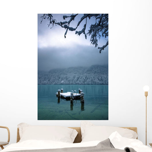 Snowy Dock Floating In Lake Wall Mural