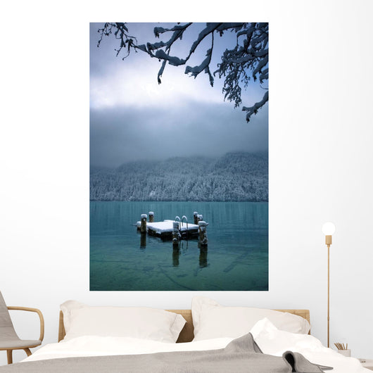 Snowy Dock Floating In Lake Wall Mural