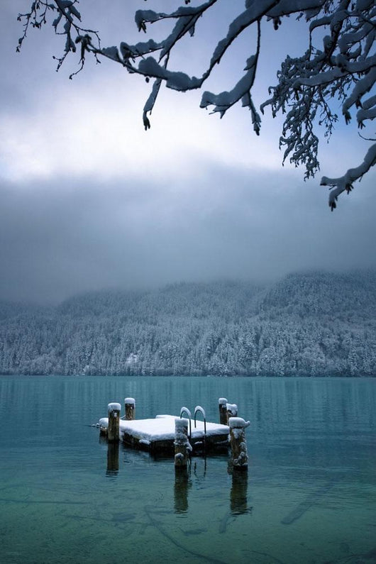 Snowy Dock Floating In Lake Wall Mural
