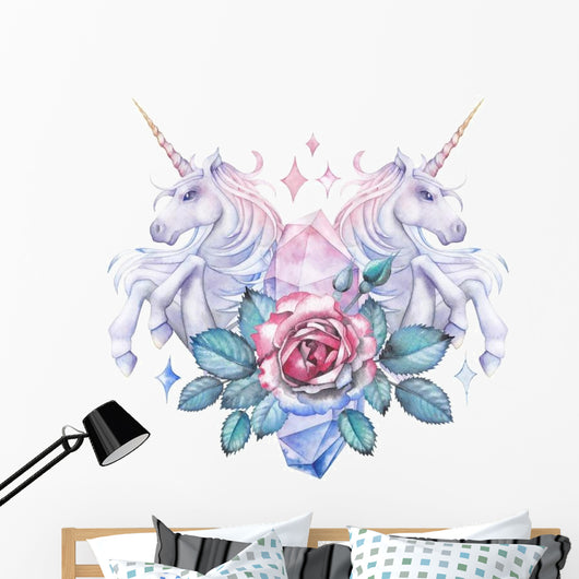 Watercolor Unicorn Rose Vignette Wall Decal