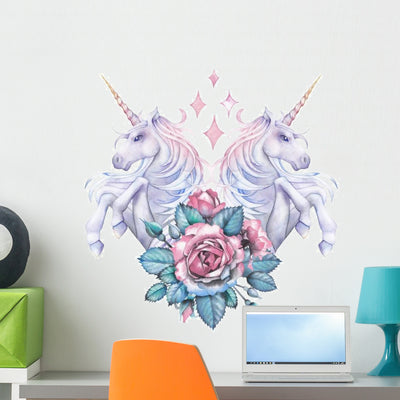 Diamond Rose Vignette Unicorns Wall Decal shown on a wall