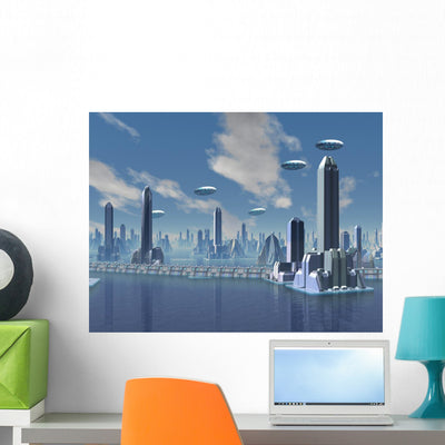 Ufo over Futuristic Alien Wall Mural shown on a wall