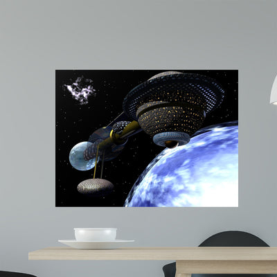 Spaceship Orbiting Blue Planet Wall Mural shown on a wall