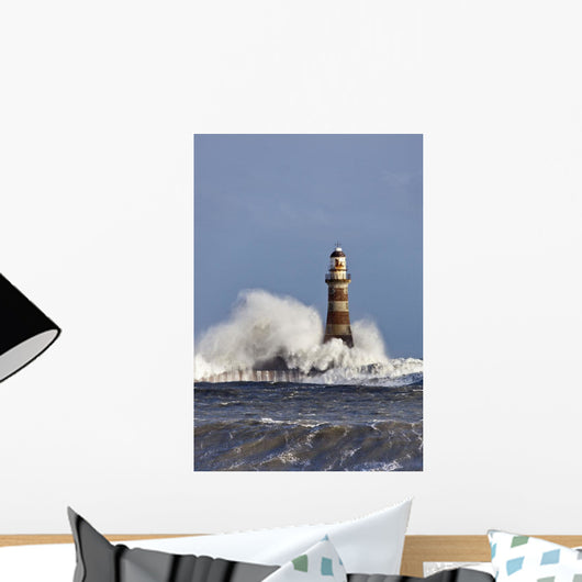 Waves Crashing Against Roker Lighthouse Wall Mural