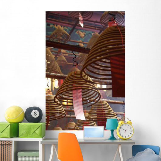 Smoking Incense Spirals At The Man Mo Temple In Hong Kong, Close Up Wall Mural