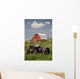 Old Red Tractor In A Field With A Red Barn In The Background Wall Mural