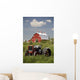 Old Red Tractor In A Field With A Red Barn In The Background Wall Mural