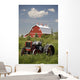 Old Red Tractor In A Field With A Red Barn In The Background Wall Mural
