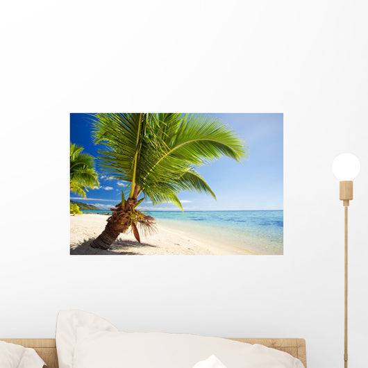 Small palm tree hanging over stunning lagoon Wall Mural