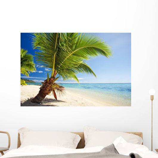 Small palm tree hanging over stunning lagoon Wall Mural