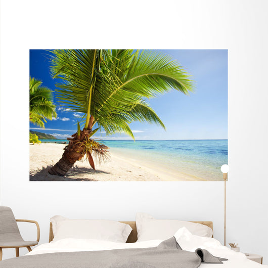 Small palm tree hanging over stunning lagoon Wall Mural