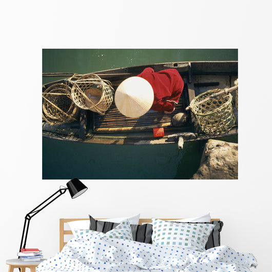 View From Above Of Vietnamese Woman In Conical Hat In A Boat Wall Mural