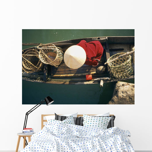 View From Above Of Vietnamese Woman In Conical Hat In A Boat Wall Mural