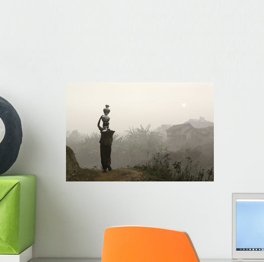 Bru Tribeswoman Carrying Water Pots On Her Head At Sunrise Wall Mural