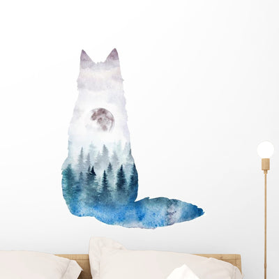Watercolor Forest Moon Fox Wall Decal shown on a wall