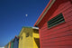 Seagull Flying Over Colorful Beach Huts Wall Mural